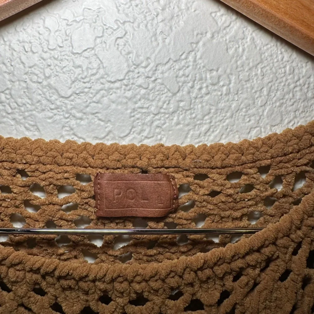 POL Womens Large Open Knit Sweater‎ Crochet Brown Boho Festival Chunky Oversized